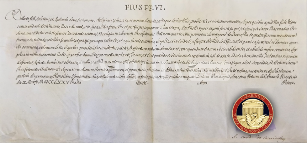Una lettera manoscritta di Papa Pio VI datata 1775 restituita ai francescani folignati 2