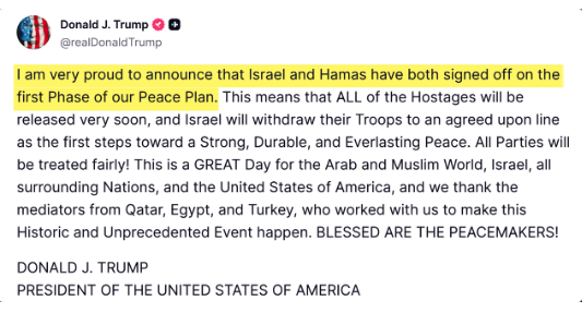Israele e Hamas raggiungono un primo accordo di pace: l'annuncio di Trump sul piano Usa 2 Israele e Hamas raggiungono un primo accordo di pace: l'annuncio di Trump sul piano Usa 1