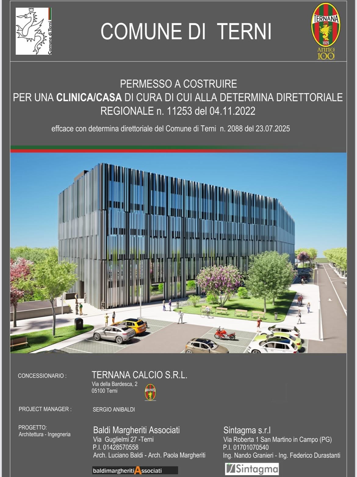 Terni, Bandecchi: “Via ai lavori per stadio e clinica”. Affissi i cartelli davanti al Liberati (foto) 3